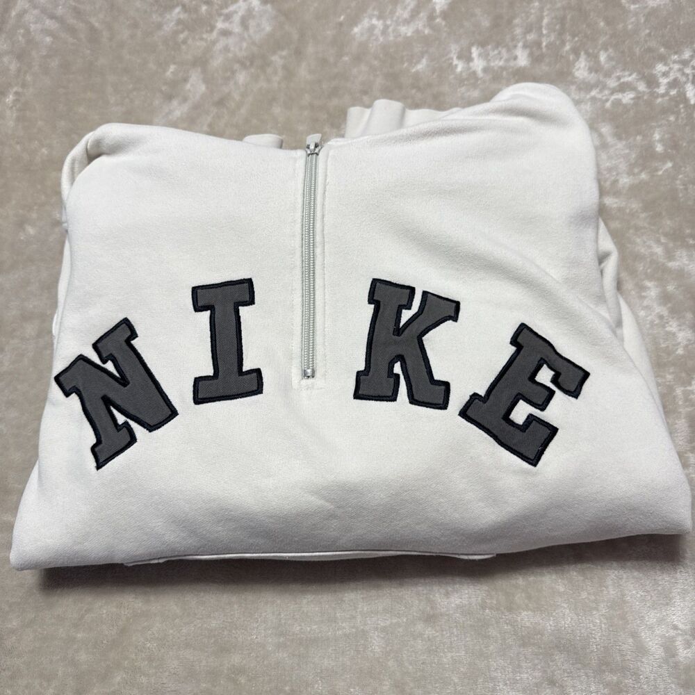 Vintage Nike Hoodie Mens L Beige 1/4 Zip Sweatshirt Y2K Spellout Silver Tag